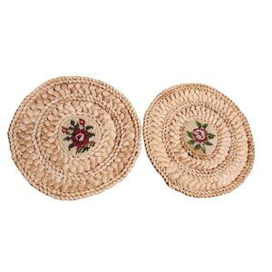 Vintage 1980s Rafia Woven Needlepoint Trivets With Floral Design Set Of 2 Cottag